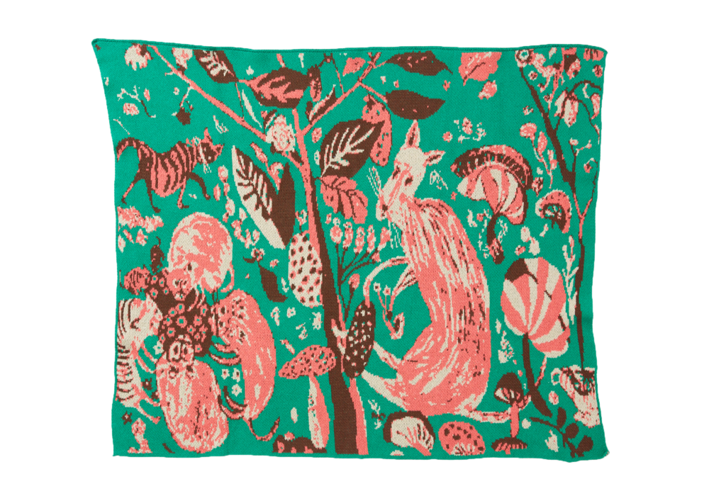 Mushroom Emerald child blanket laid flat, with pink and cream woodland animals, mushrooms, and brown leaves on green.
