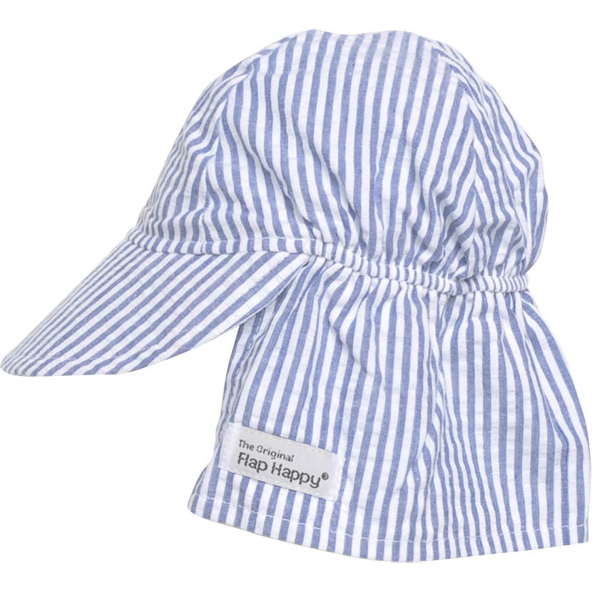 A blue and white striped sun hat with a wide brim and an elastic band, labeled 'Flap Happy'.