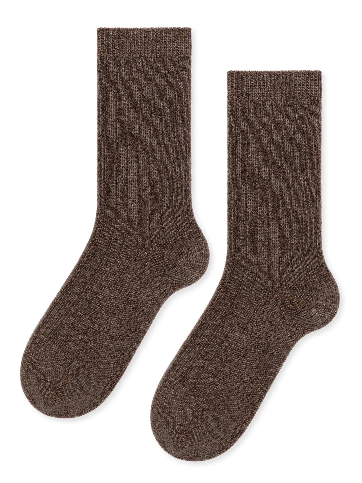 Italia Cashmere Cozy Rib Crew socks in Llama — warm brown ribbed cashmere crew with a folded cuff, flat lay product shot on white background

