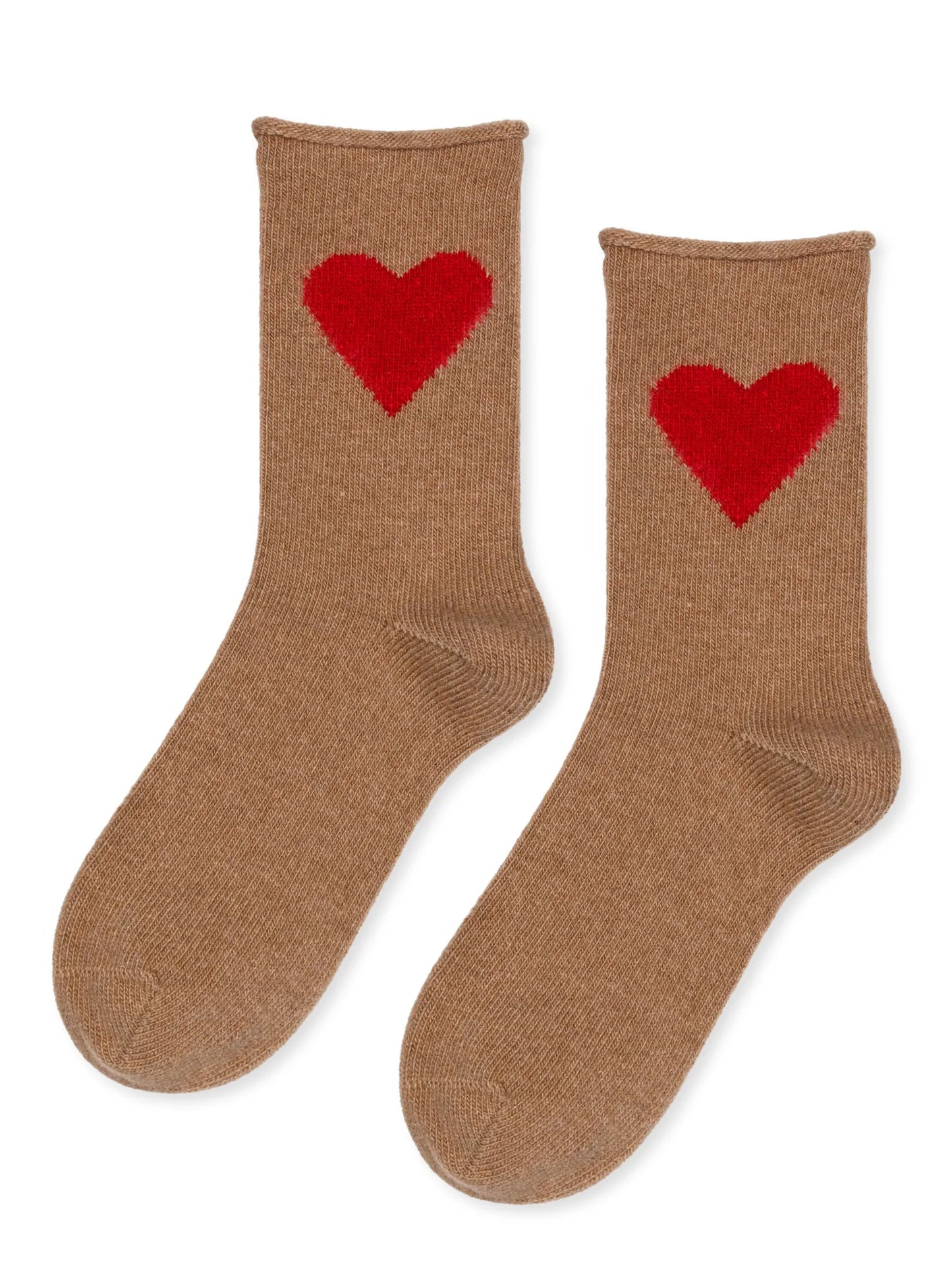 Love Cashmere Crew socks in Camel — warm camel cashmere crew with bold red heart motif and roll top cuff, flat lay pair on white background
