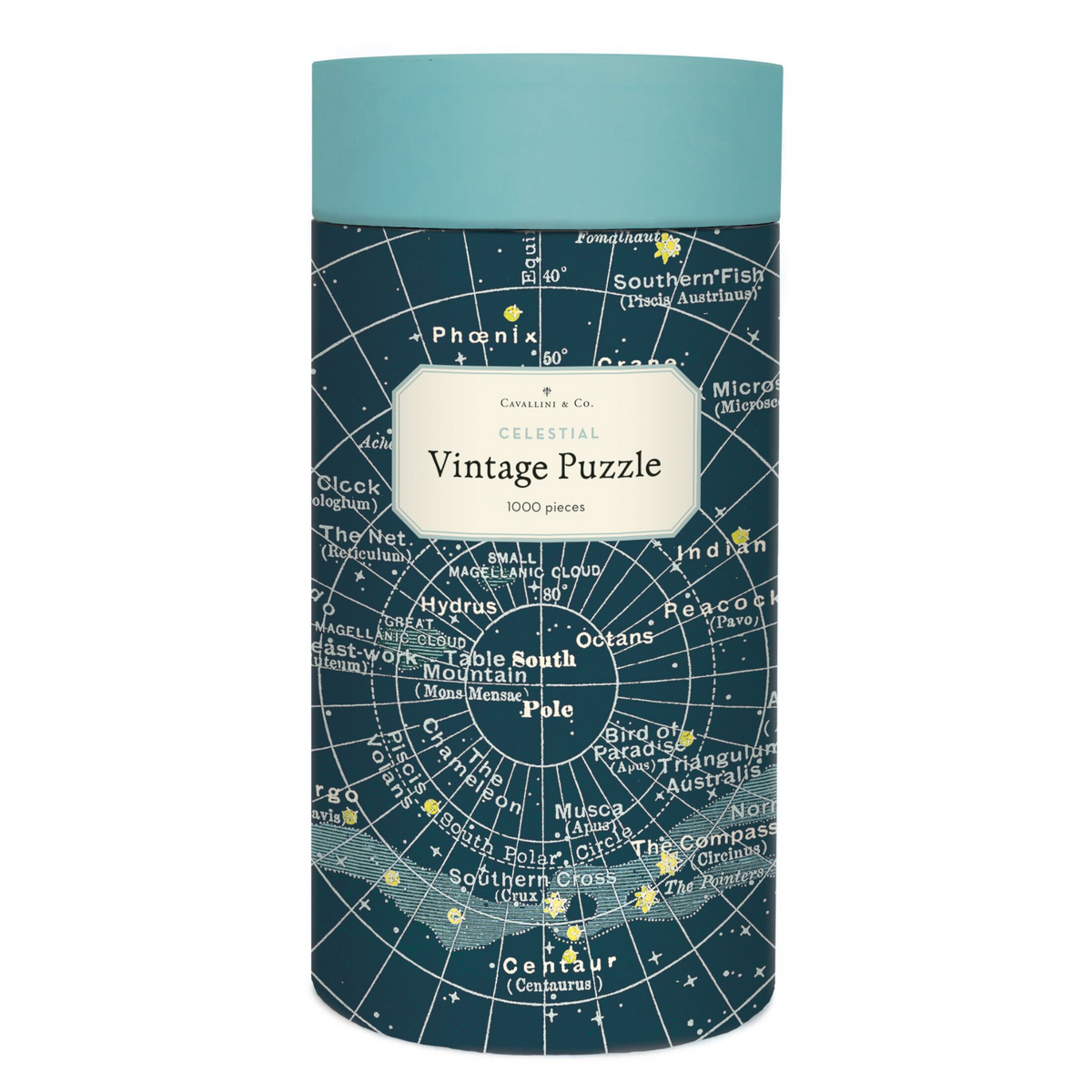 Front of the Cavallini & Co. Celestial Vintage Puzzle tube with a teal lid, wrapped in a southern hemisphere constellation star chart.
