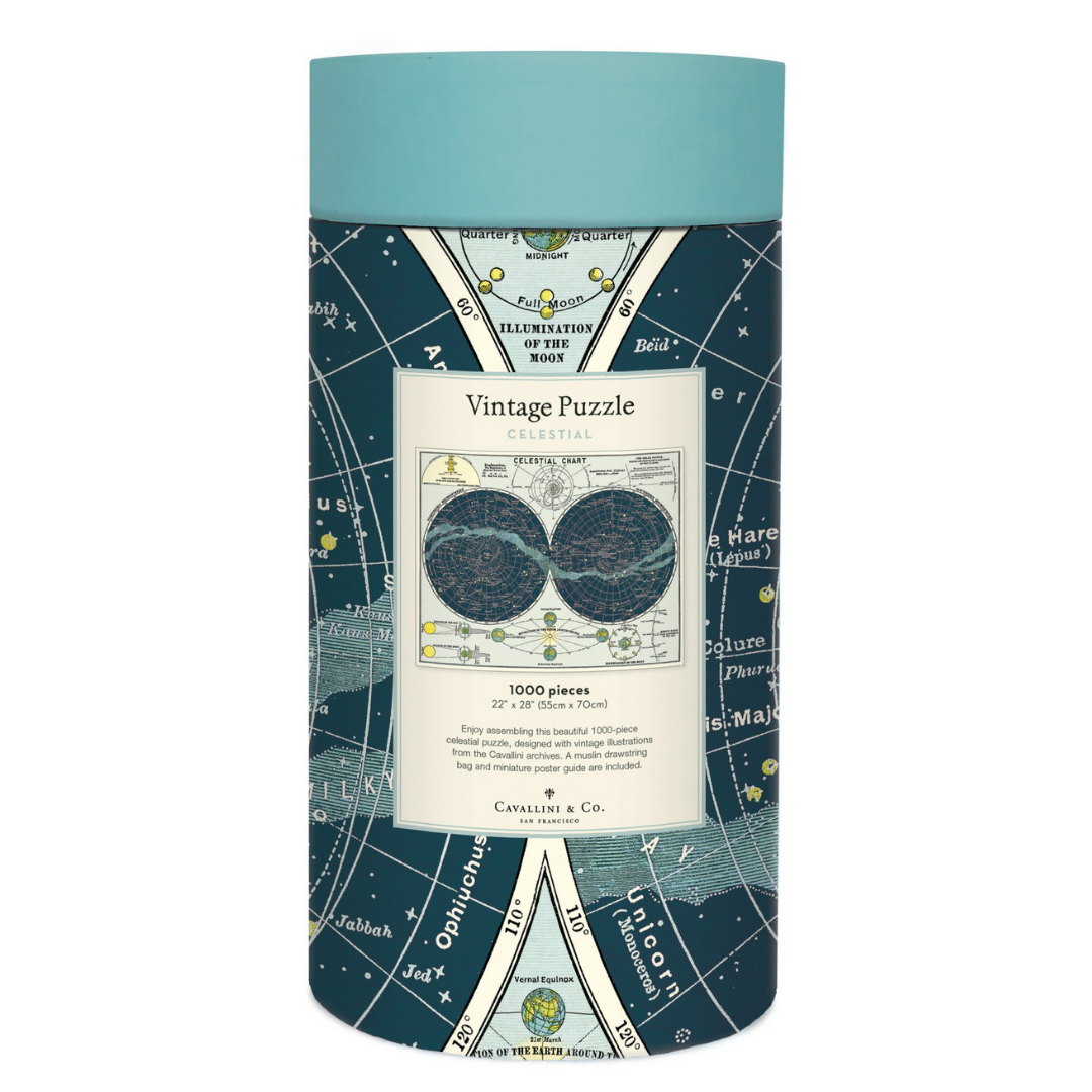 Back of the Celestial Vintage Puzzle tube showing the finished puzzle image, piece count, and size details.
